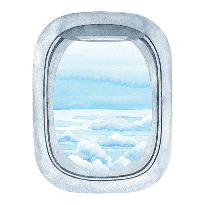 Watercolor Blue Sky With Airplane Window