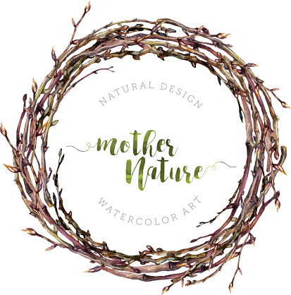 Watercolor Boho wreath made of dry twigs and bare osier branches isolated on white. Natural decoration. Wooden sticks garland. Christmas chaplet made of vine. Pussy-willow round frame. Vintage style.