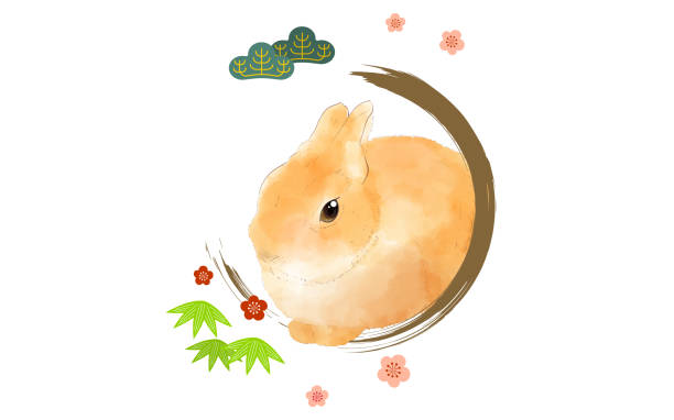 bildbanksillustrationer, clip art samt tecknat material och ikoner med watercolor brown rabbit (netherland dwarf) and pine, bamboo and plum - netherland dwarf rabbit
