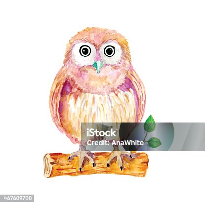 istock Watercolor cartoon owl sitting on the branch 467609700