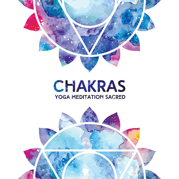 Watercolor chakras background Vector background. Watercolor vishuddha chakra on white background, colorful elements, bright texture. Perfect for yoga, spa, meditation practice, ayurveda invitations, greetings yoga borders stock illustrations