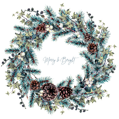 Watercolor Christmas Rustic Wreath Isolated on White. Hand Drawn Winter Plants Decoration with Spruce branches, Pine Cones, Pine, Ivy, Snowberry. Vintage Style Botanical Winter Wedding, New Year Card.