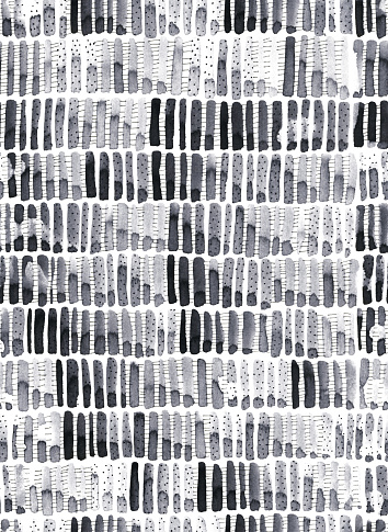 Watercolor doodle isolated on white paper background - short bold vertical lines in a row hand painted by black paint and decorated with dots and lines drawn by pen - uneven dirty beautiful creative pattern design with unique textured effect