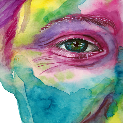 Watercolor drawing of a man's head smeared in paint, multi-colored face, portrait, opened eye, glare on iris eyes, on holiday holi, indian holiday, white background for decoration and decoration