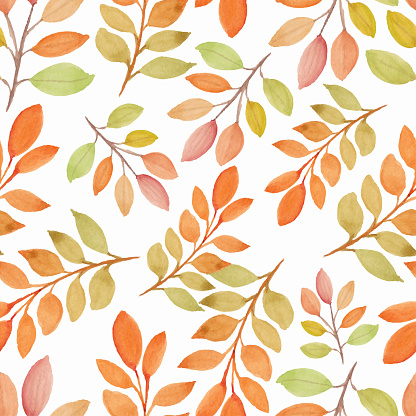 Watercolor fall season nature seamless pattern with branch