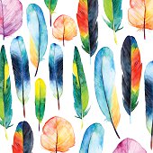 Watercolor feathers set. Hand drawn vector illustration with colorful feathers. Pattern with hand drawn feathers. Feather isolated on white background