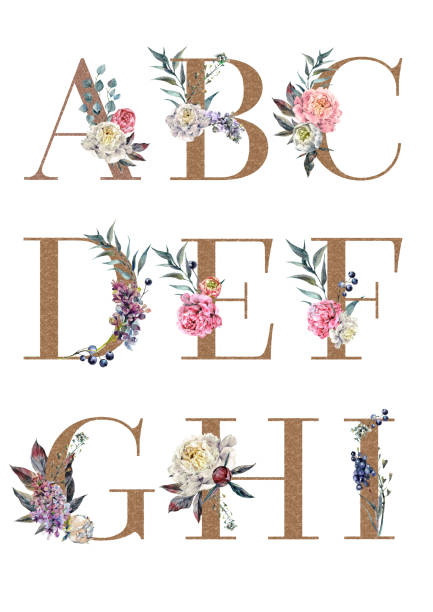 Watercolor Floral Alphabet Isolated Set 1 Flower Alphabet Isolated on White. Collection of Floral Uppercase Designs. Botanical Typography with Peony, Lilac and Foliage for Vintage Style Wedding Invitations and Cards. Golden Glitter Wedding Typeface. alphabet clipart stock illustrations