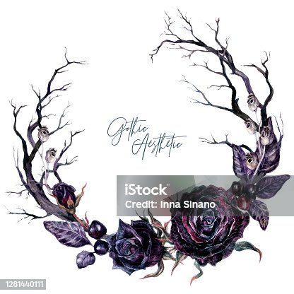 istock Watercolor Floral Gothic Wreath with Dry Branches and Black Roses 1281440111