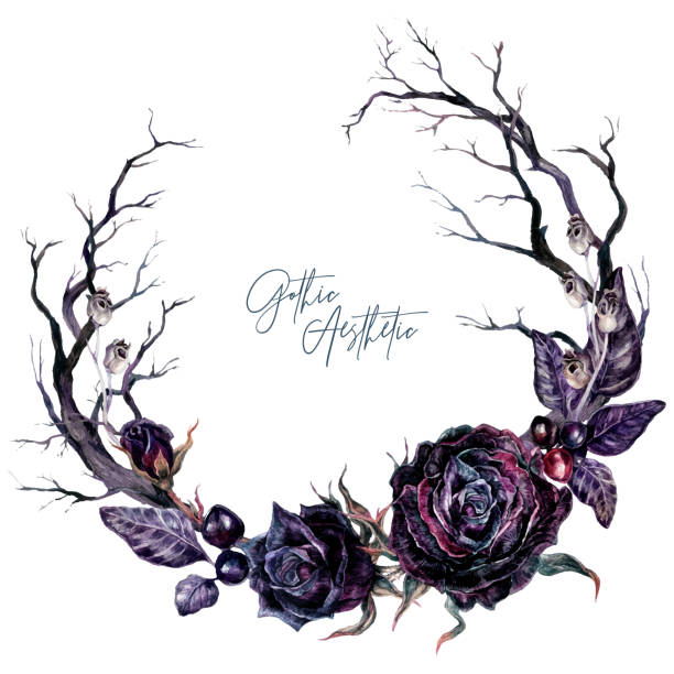 ilustrações de stock, clip art, desenhos animados e ícones de watercolor floral gothic wreath with dry branches and black roses - goticos