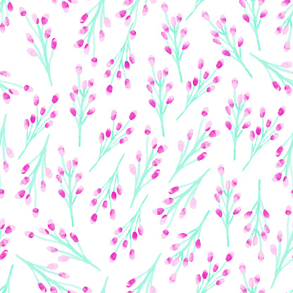 Watercolor Floral Seamless Pattern with Delicate Leaves and Berries. Pink Spring Blossom Design for Greeting Cards, Advertising, Banners, Leaflets and Flyers. Botanical Vector Design. Tropical Summer Concept, Design Element.
