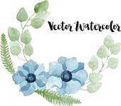 Vector watercolor floral composition with blue anemone flowers, eucalyptus, fern and foliage . It will be great for a lovely invitation, greeting card, or elegant wedding. Vectorized watercolor painting. EPS 8 file.