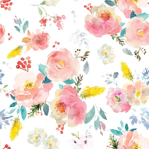 Watercolor Flowers Vector Format Seamless watercolor romantic floral pattern on a white background. Vector format. White Background. watercolor paints stock illustrations