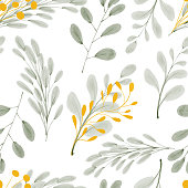 hand painted repeat pattern with golden leaves watercolor illustration