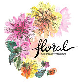 Floral spring background with lettering. Hand drawn watercolour illustration with brush texture processed as vector image. The elements are isolated and can be edited separately. Design for banner, wall decoration, postcard, spring sale banner or cover. Stock illustration.
