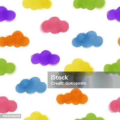 istock Watercolor hand painted multi colored clouds seamless pattern. Cute background for baby shower invitation, greeting card, banner, poster, tag, label. 1403536658