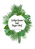 Watercolor hand painted tropical frame. Circle frame with the tropical palms. Concept of the jungle for the design of invitations, greeting cards and wallpapers.
