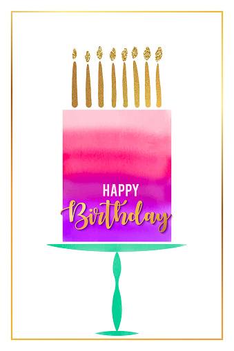 Watercolor Happy Birthday Cake with Gold Colored Candles. Hand drawn stylized cartoon watercolor sketch. Watercolor Happy Birthday Greeting Card Template Layout.