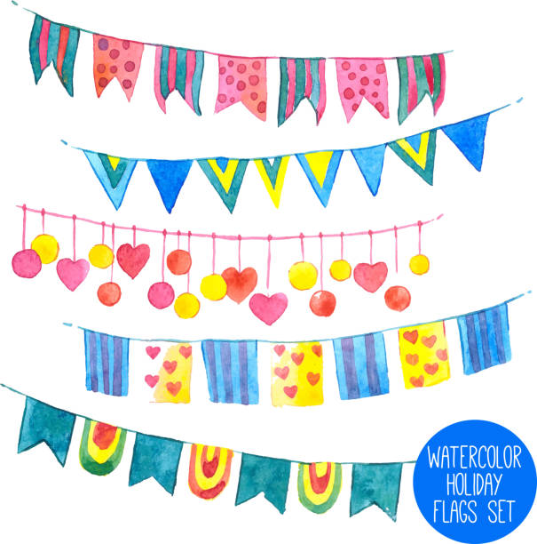 Water color holiday flags and garlands set isolated vector...