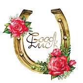 istock Watercolor horseshoes in golden color with red roses design 491360884