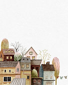 istock Watercolor house hand painted on white background.Estate cute old town with tree in village.City building brick home in town,Vertical Vector illustration for poster, card for spring, summer background 1358916028