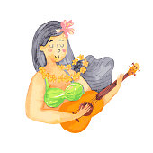 istock Watercolor hula girl playing ukulele 1394917664