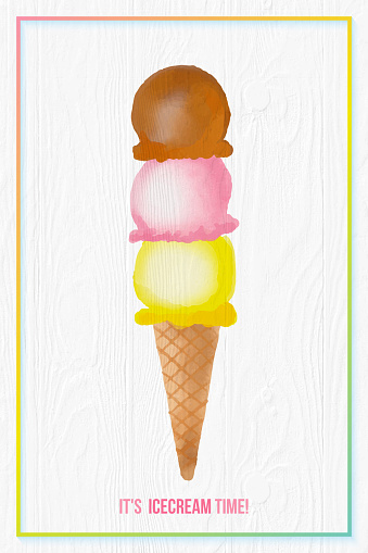 Watercolor Ice Cream with White Washed Wood Paneling Background. Strawberry, Lemon and Chocolate Ice Cream Scoop with Cone. Ice Cream Scoop Clip Art.Tropical Background, Summer Design Element, Poster, Decorative Art, Summer Concept.