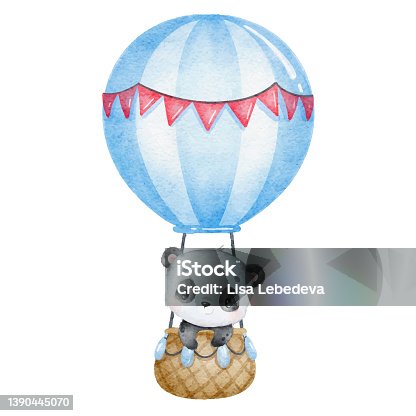 istock Watercolor illustration of a cartoon panda hot air balloon. Cute 1390445070