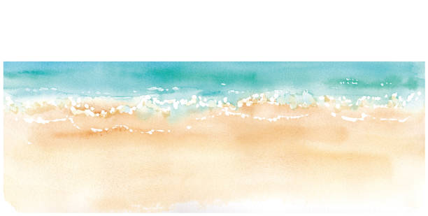 bildbanksillustrationer, clip art samt tecknat material och ikoner med akvarell illustration av sandstrand och horisont. spårnings vektor - beach