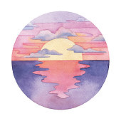 istock Watercolor Illustration Of Sunset In Circle Frame 1345255734