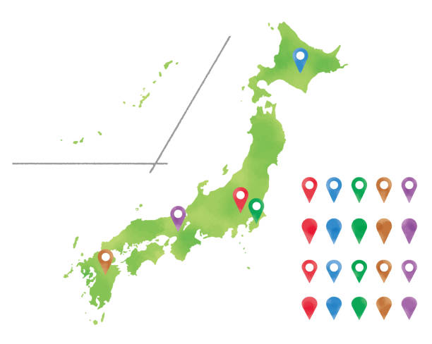 日本の島々とマーカーピンの水彩画。 - 日本地図点のイラスト素材／クリップアート素材／マンガ素材／アイコン素材
