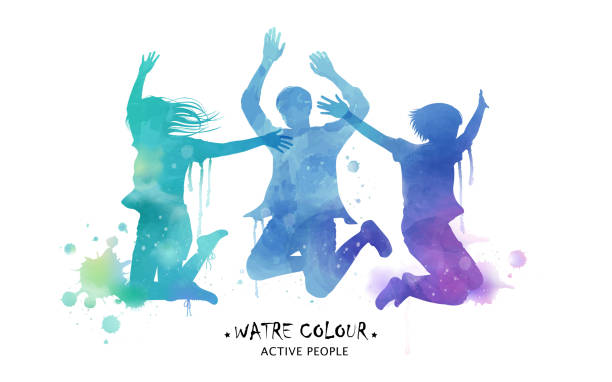 Watercolor jumping silhouette Watercolor jumping silhouette, young people jumping high in watercolor style. Blue and purple tone. dancing drawings stock illustrations