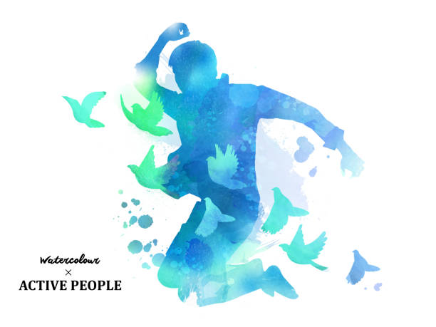 Watercolor jumping silhouette Watercolor jumping silhouette, young boy jumping with pigeons around him in watercolor style. Blue tone. dancing drawings stock illustrations