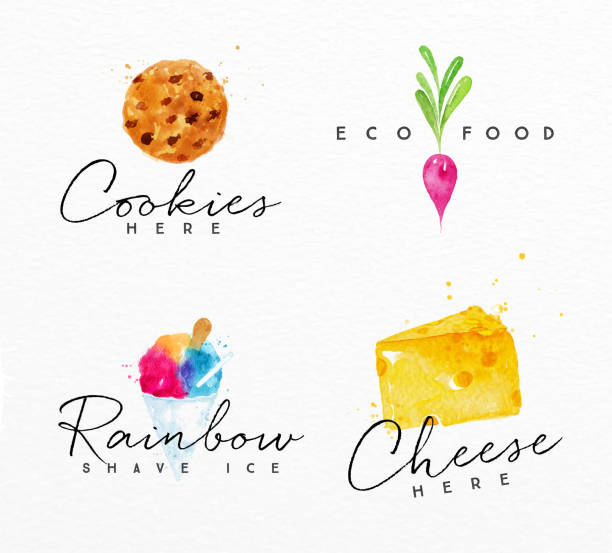 Watercolor label cheese Set of watercolor labels lettering cookies here, eco food, rainbow shave ice, cheese here drawing on watercolor background cheese drawings stock illustrations