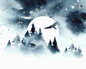 istock Watercolor magic vector landscape in blue, golden and white colors. Forest with eagle under night sky with moon. Hand drawn illustration. 1301228554