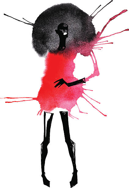Watercolor of woman with black hair in a red dress This vector image, designed in an abstract watercolor style, features the figure of a tall, thin woman wearing close-fitting thigh-high black boots with matching long black gloves.  The woman seems to be wearing a red outfit, short enough that it just barely reaches the top line of the boots.  The woman's arm appears to be pink, while her head looks black.  There is a circular backdrop behind the head of the woman, which is depicted as a wide black circle reaching from one of her shoulders to the other, then fading in a depth of darkness from the outside edge of the circle inward. fashion design sketches stock illustrations