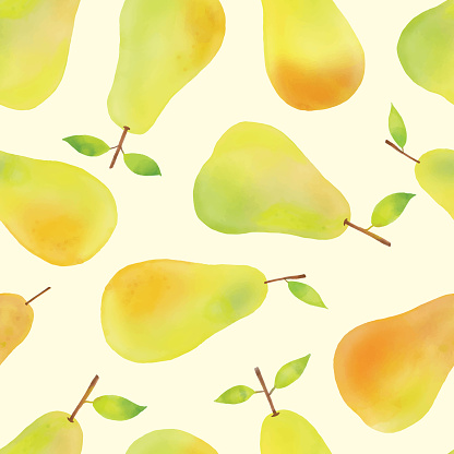 Watercolor Pears Seamless Background Pattern.Hand Painted Minimalist Seamless Pattern with Watercolor Whole Pears and Green Leaves.