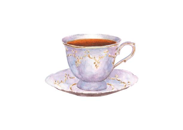 Watercolor porcelain cup of tea and saucer vector art illustration