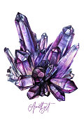 Watercolor Illustration of Amethyst Druse Isolated on White. Detailed Realistic Painting of Purple Healing Crystal. Drawing of Precious Stone Violet Gem Quartz. Purple Colored Gemstone for Jewelry.