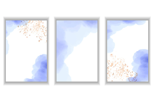 Watercolor stains. A set of templates for postcards, invitations, business cards. Abstract vector background of blue color and splashes