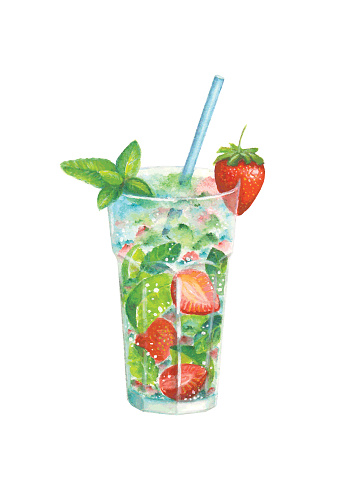 Watercolor strawberry  mojito cocktail