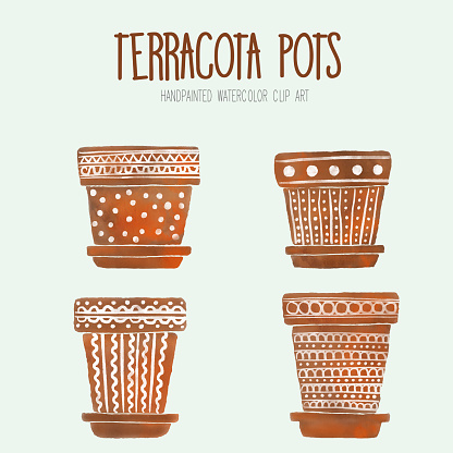 Watercolor Terracotta Flower Pots, Boxes, Vases, Containers. Brown Flower Pots with Hand Painted White Ornaments. Art Clip, Design Element