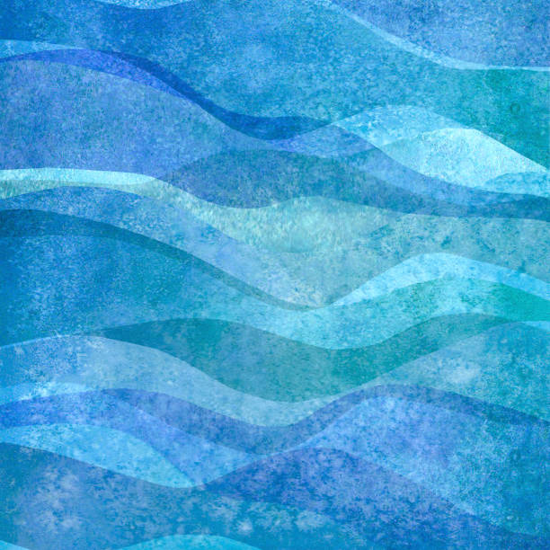 수채화 투명 바다 파도 블루 다채로운 배경. 수채화 손 그린 파도 일러스트 - 바다 stock illustrations