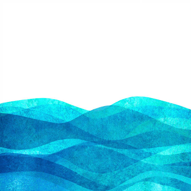 수채화 투명 웨이브 바다 바다 청록색 색 배경입니다. 수채화 손 그린 파도 일러스트 - 파도 stock illustrations