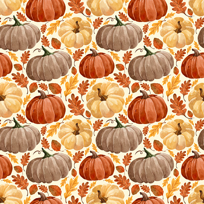 Watercolor vector autumn pattern with pumpkins and leaves