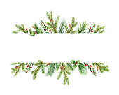 Watercolor vector Christmas banner with green pine branches and place for text. Holiday decoration for greeting cards, poster template and invitations isolated on white background.