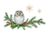 istock Watercolor vector Christmas card with an owl, fir branches and golden snowflakes. Illustration for postcards, invitations and greetings isolated on a white background. 1350779209