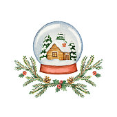 Watercolor vector Christmas greeting card with glass ball and house, spruce branches and gifts. Winter festive illustration for your design.