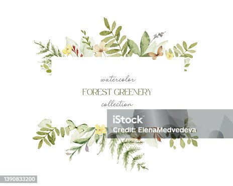 istock Watercolor vector frame with green forest foliage and flowers. Floral illustrations for  greetings, wallpapers, invitation, wedding stationary, fashion, background. 1390833200