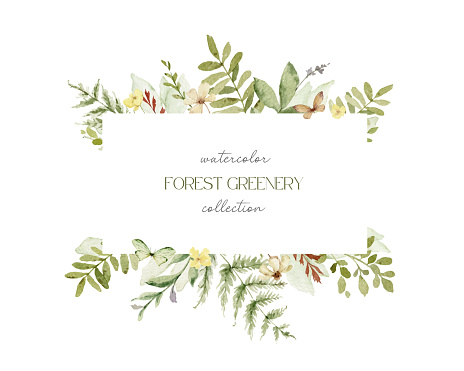Watercolor vector frame with green forest foliage and flowers. Floral illustrations for  greetings, wallpapers, invitation, wedding stationary, fashion, background.