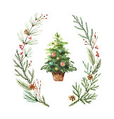 Watercolor vector greeting card with Christmas tree. Winter festive illustration for your design.